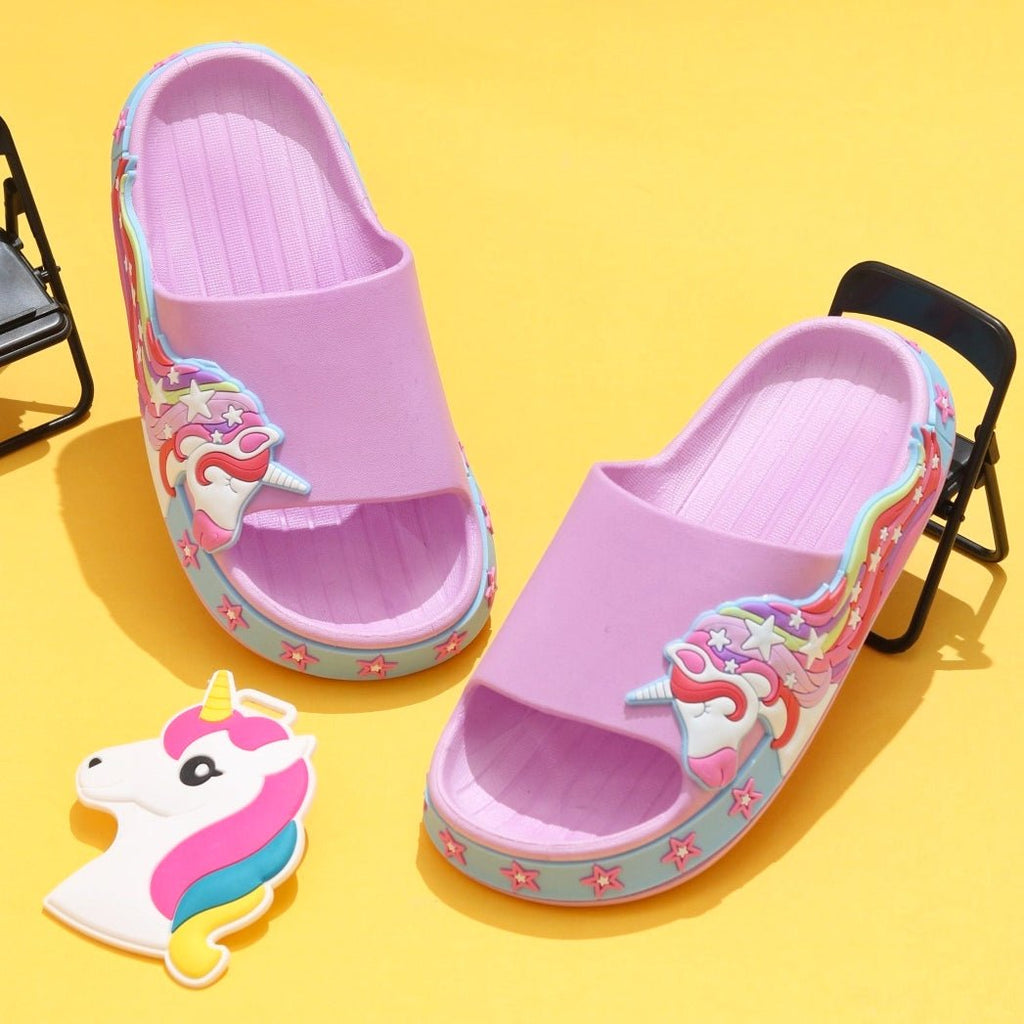 Kids Enchanted Lilac Unicorn Slides with Star Accents on Yellow Background