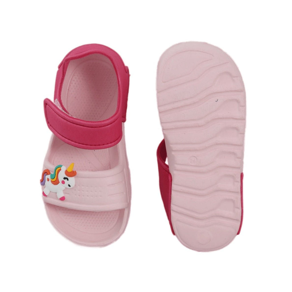Enchanted Peach Pink Unicorn Sandals Pair Top and Bottom View for E-commerce