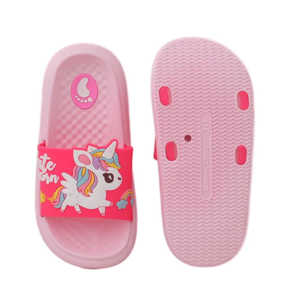 Top and bottom view of Pink Unicorn Rainbow Slides displaying footbed comfort and tread pattern.