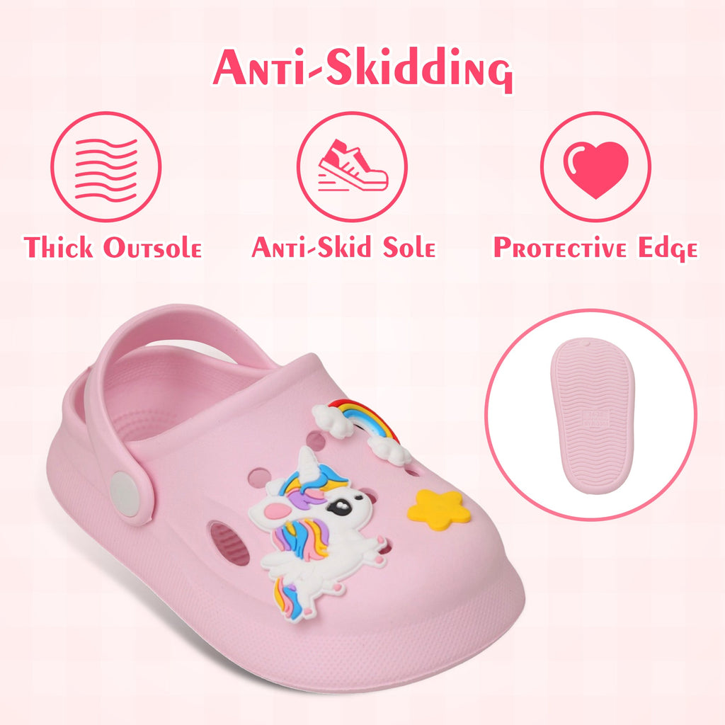Yellow Bee Pink Clogs highlighting the anti-skid sole and protective edge details