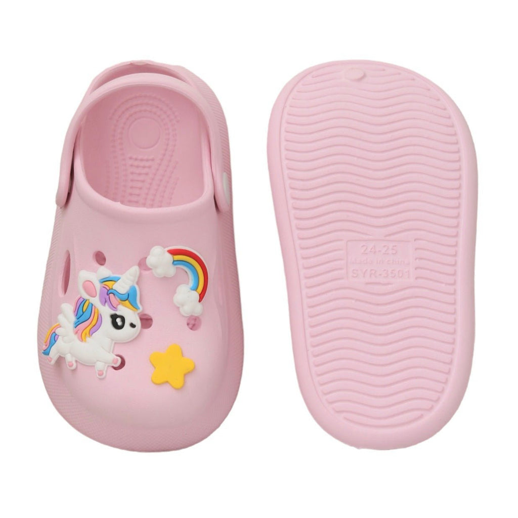 Top and bottom view of Yellow Bee's Unicorn Pink Clogs showing the anti-slip design