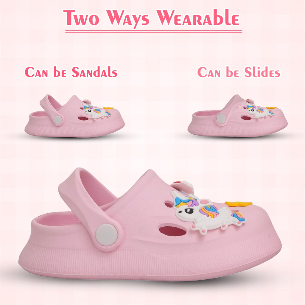 Versatile Yellow Bee Pink Clogs, showcasing the two ways to wear - as sandals or slides