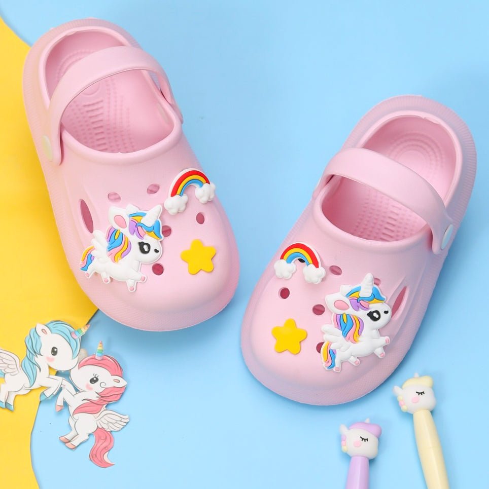 Yellow Bee Pink Unicorn and Rainbow Motif Clogs on a colorful background