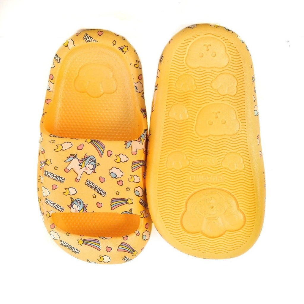 Top and bottom view of unicorn-themed slides, highlighting the anti-slip sole with adorable embossed patterns.