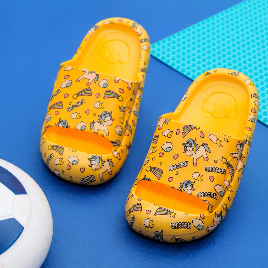 Vibrant yellow unicorn-themed slides with playful prints by Yellow Bee