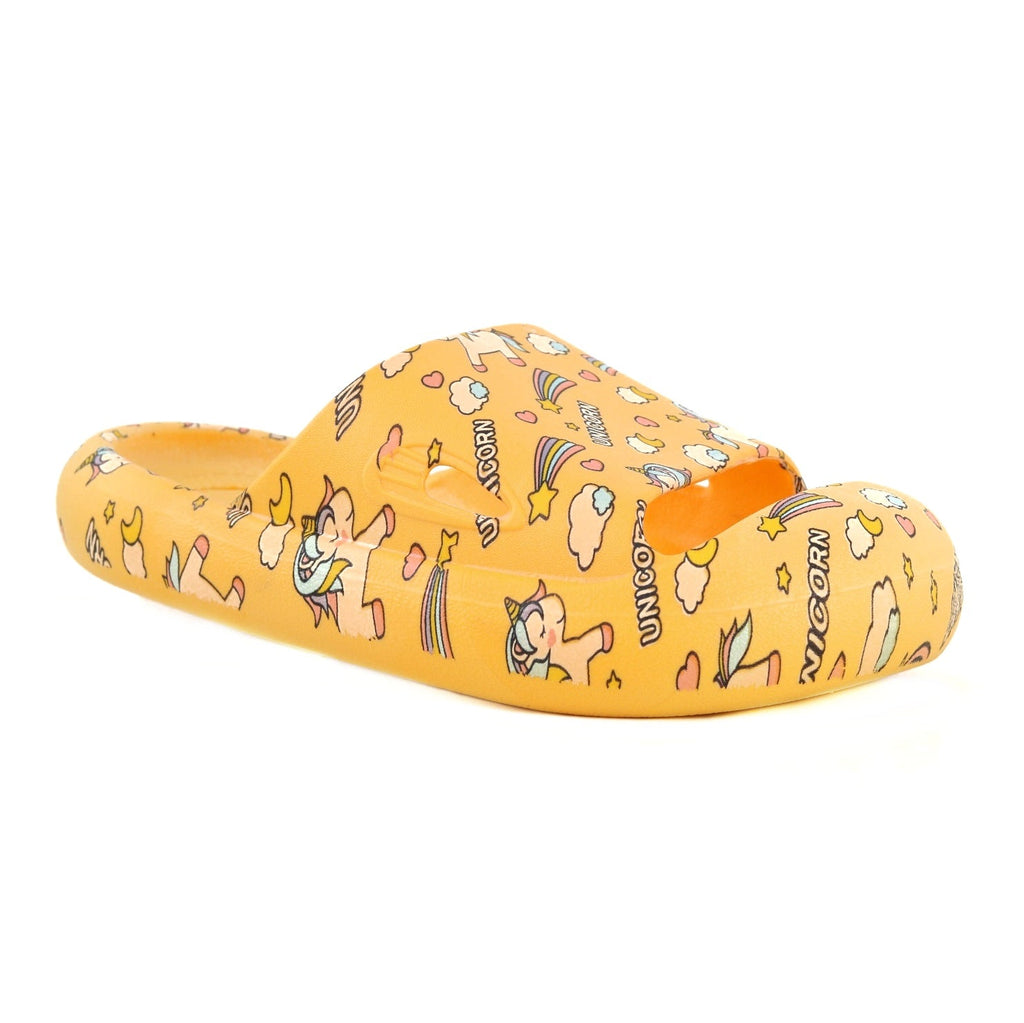 Side view of yellow unicorn-print slides, showcasing the enchanting pattern and orange strap detail