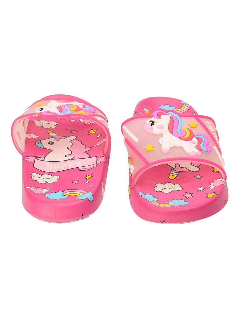 Children's Pink Unicorn Slides with Happy Cloud and Star Print, Front and Top View