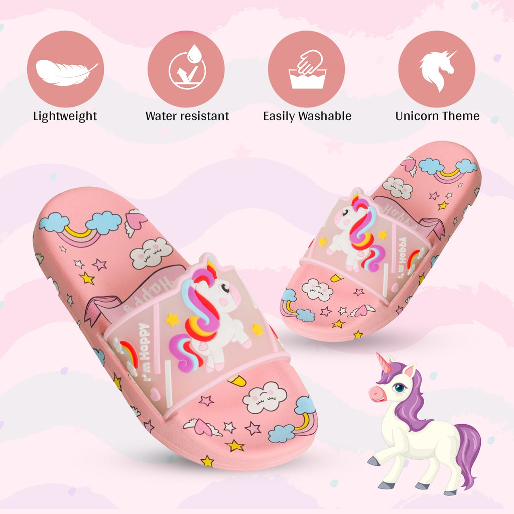 Infographic Lightweight and water-resistant peach slides with a unicorn theme for playful comfort