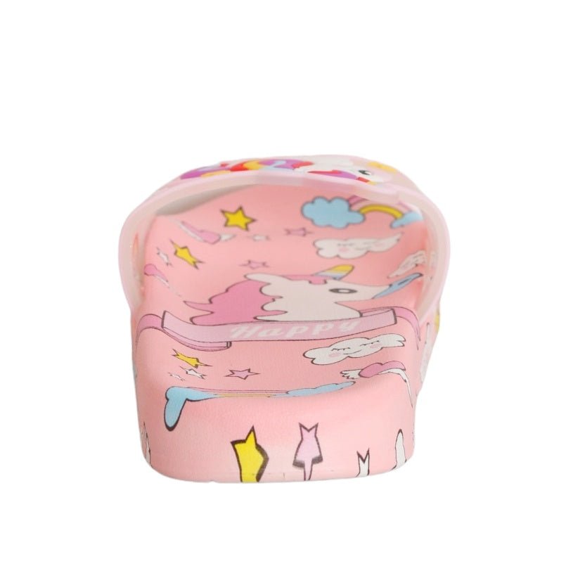 Rear view of peach unicorn slides with a detailed fairytale design for enchanting style