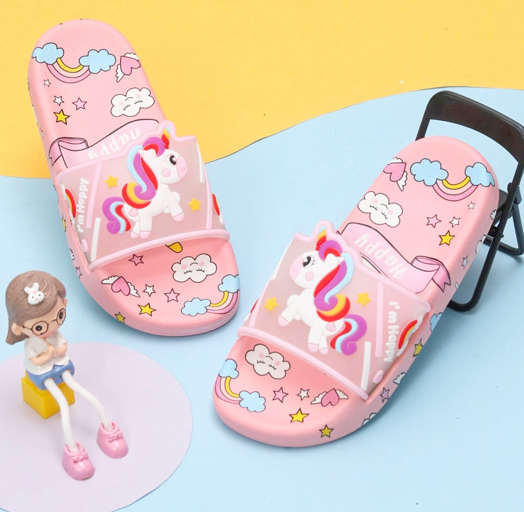 Peach-colored slides with a transparent unicorn strap and whimsical print