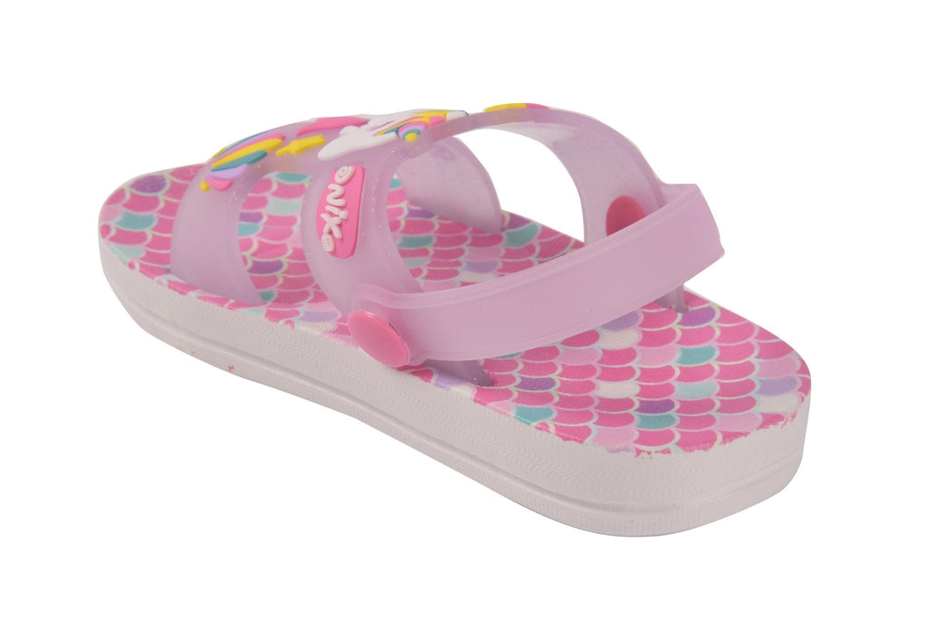  Full side profile of unicorn sandals with transparent straps against a white sole.