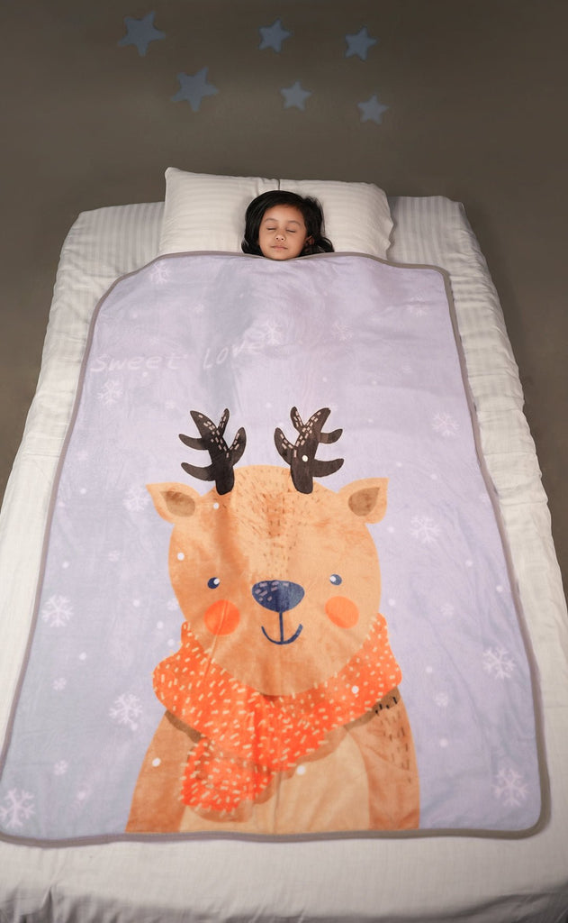 Child Dreaming Peacefully Under Yellow Bee Reindeer Blanket