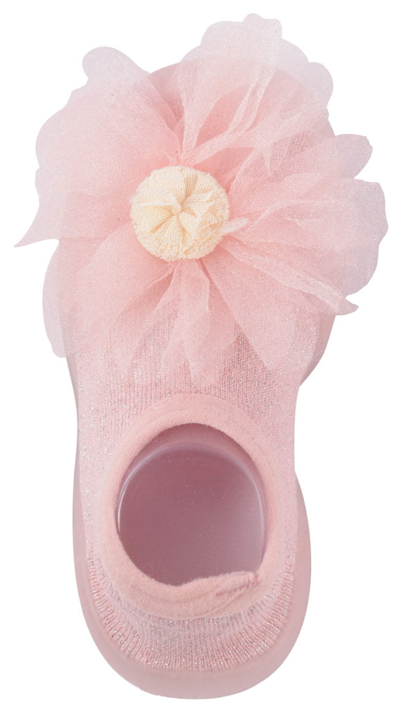 Top View of Pink Flower and Bee Shoe Socks Showcasing Bee Print