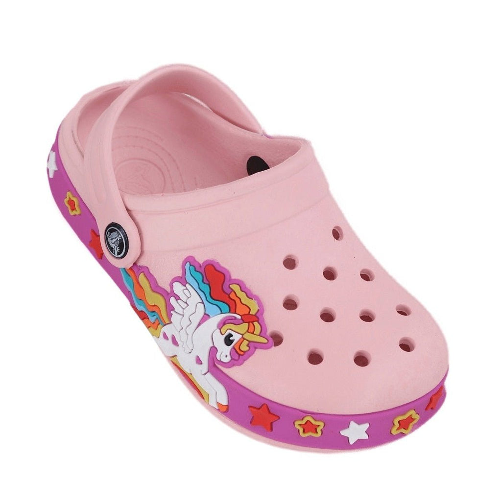 Charming pink clogs for children with a detailed unicorn design and a vibrant pattern against a soft pink backdrop.