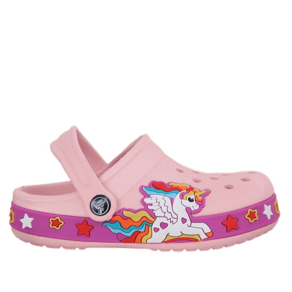 Side profile of pink kids' clogs featuring a unicorn illustration and colorful stars, showcasing both style and comfort.