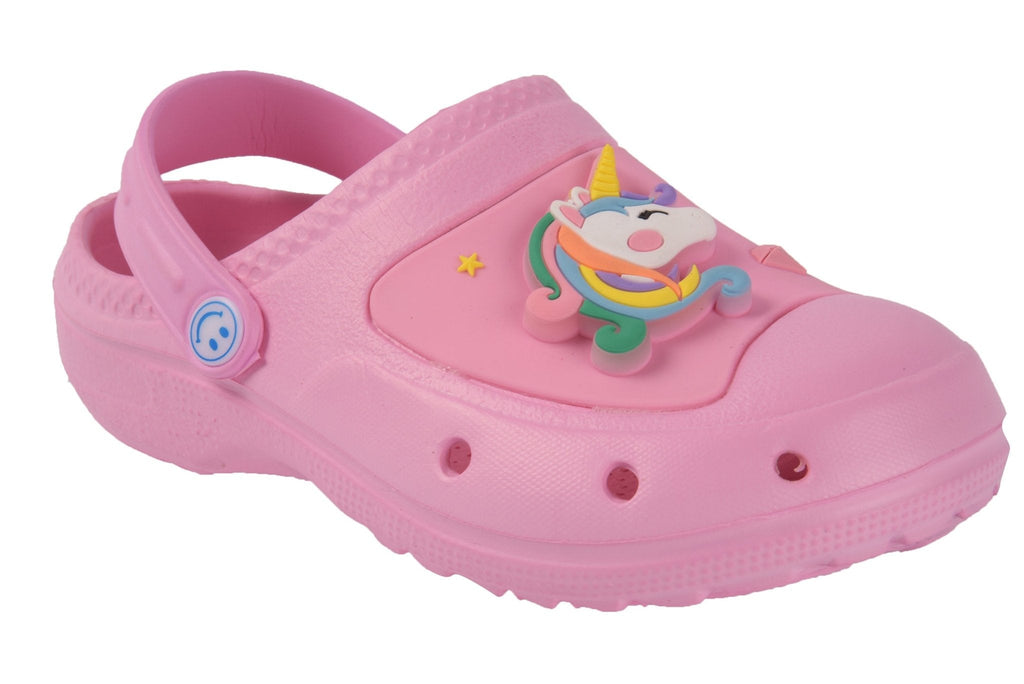 Pink unicorn-themed children's sandals with a cheerful design on a comfortable sole