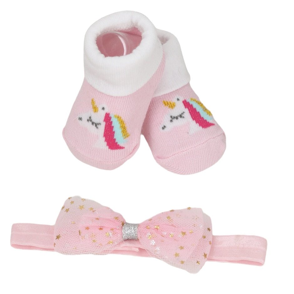 Full view of the Pink Unicorn Socks and Bow Headband Set by Yellow Bee.