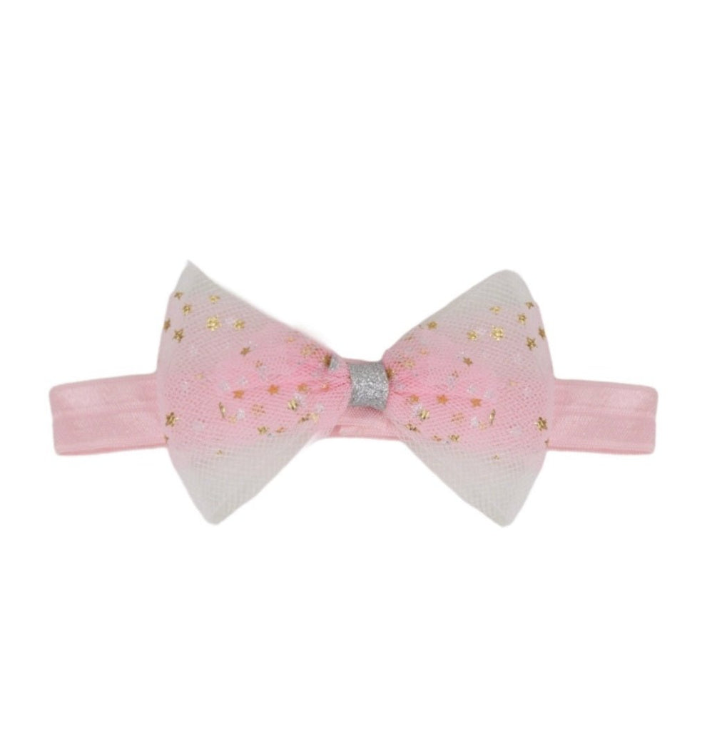 Baby's bow headband in pink with gold star accents from Yellow Bee.