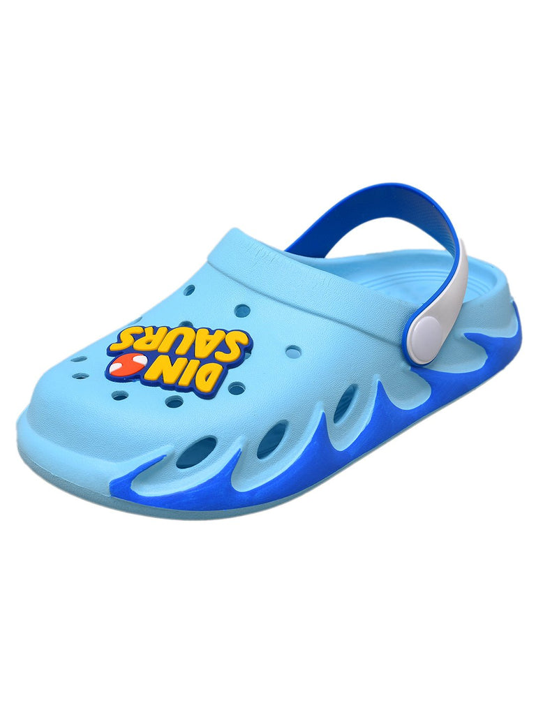 Side view of blue children's clogs with a vibrant dinosaur theme, combining comfort and fun