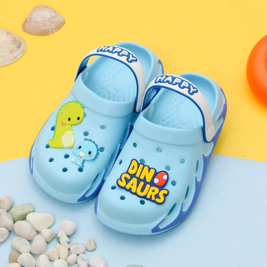 Bright blue kids' clogs with playful dinosaur decorations, ideal for budding adventurers.