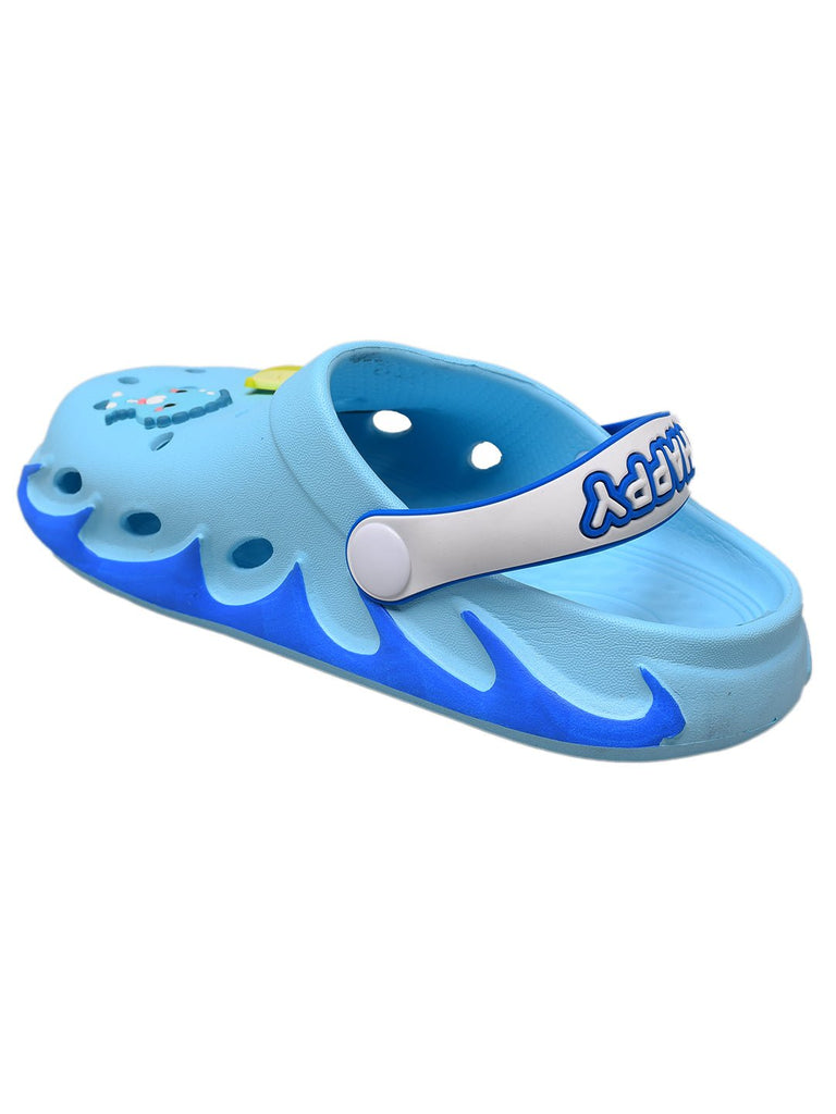Side view of blue children's clogs with a vibrant dinosaur theme, combining comfort and fun-a