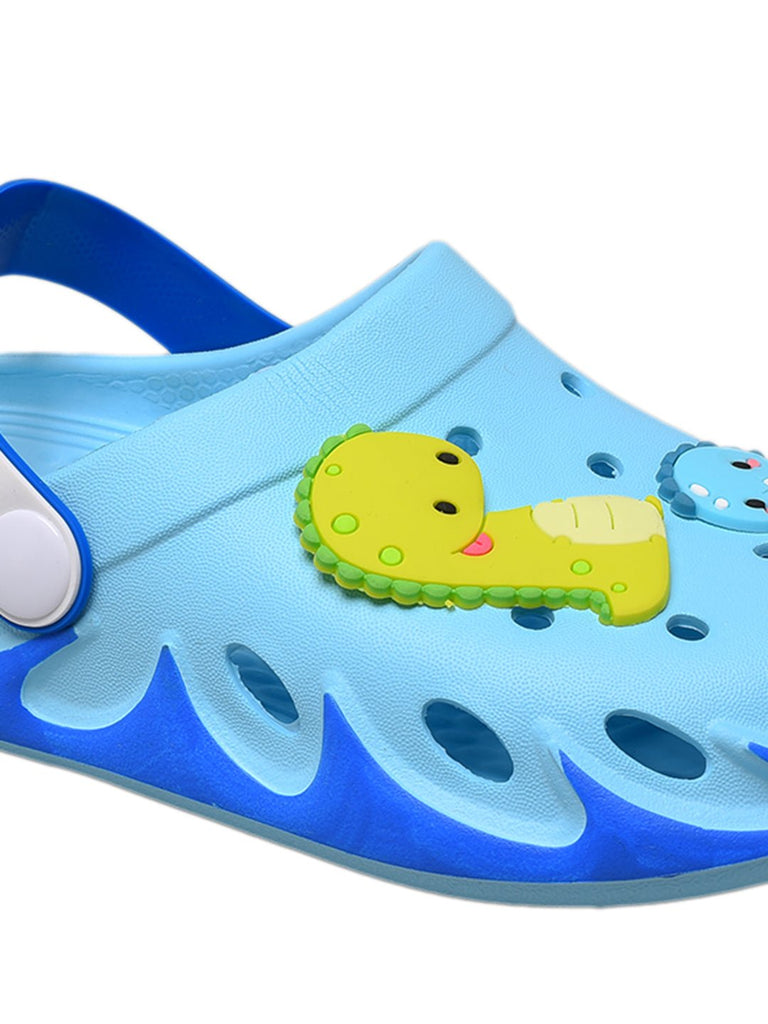 Bright blue kids' clogs with playful dinosaur decorations, ideal for budding adventurers.-zoom