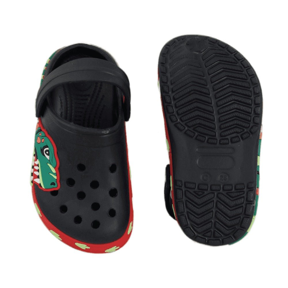 Top and Bottom View of Black Dino Clogs Highlighting the Comfortable Fit and Durable Sole