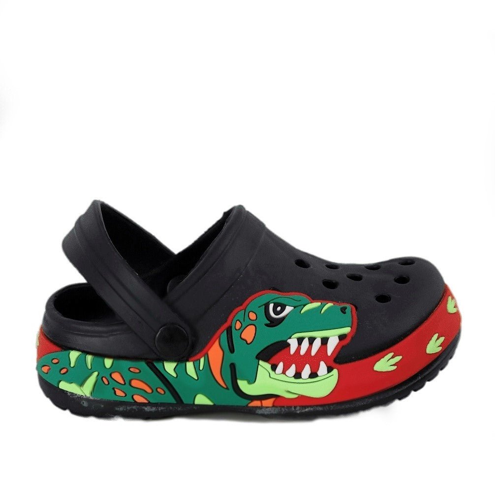 Close-Up of Kids' Black Dino Clogs with Vivid Dinosaur Illustration