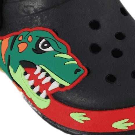 Kids' Black Dino Clogs Detail Showing the Colorful Side Design