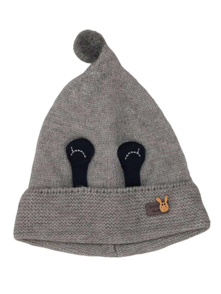  Isolated view of grey eye applique winter beanie hat with pom-pom for boys.