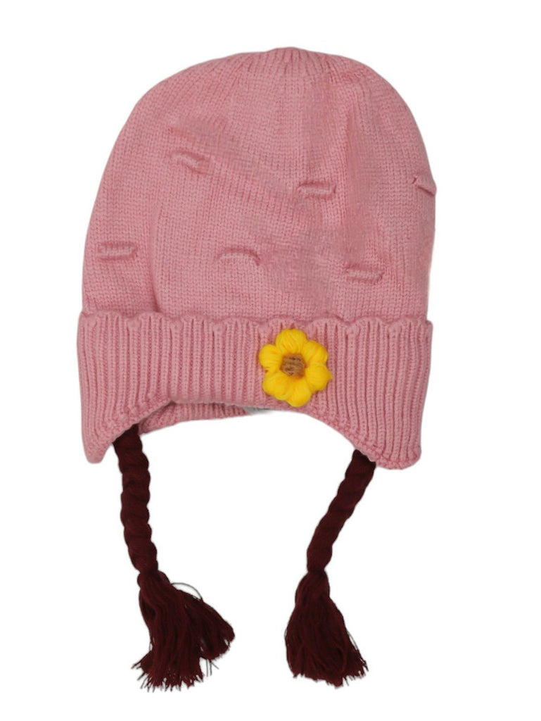 Pink winter hat with playful eyes and pom detail for toddlers placed on grid.