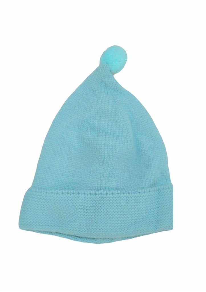 Adorable and warm light blue knitted beanie for boys with a playful eye detail and pom-pom