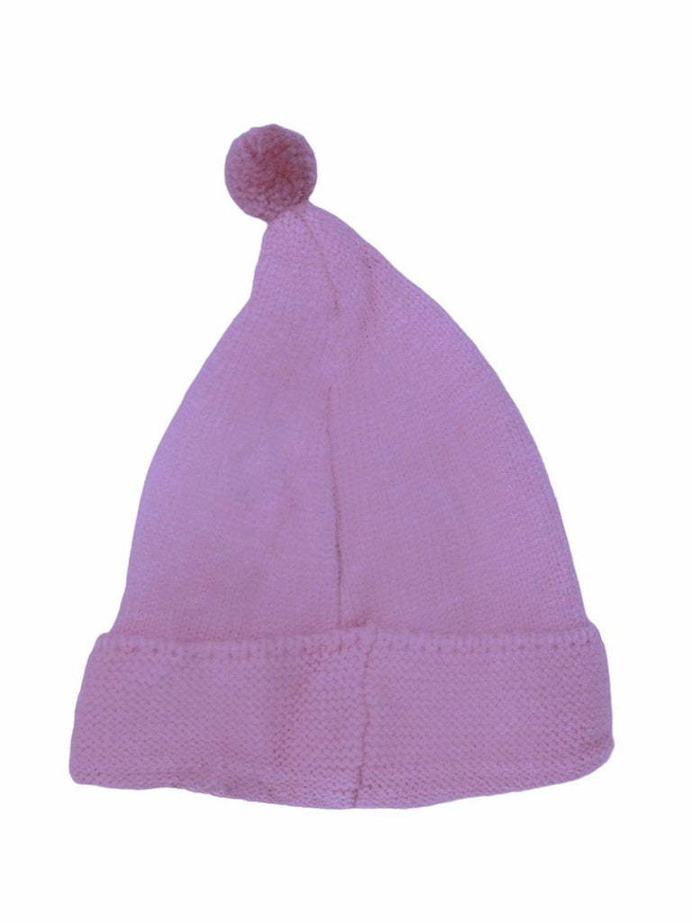 Side angle of a mauve toddler beanie hat with eye applique, showcasing the detailed knit