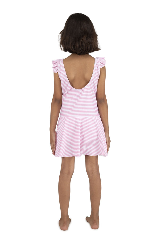 Back View of Yellow Bee's Girls' Flamingo One-Piece Swimsuit with Ruffle Sleeves