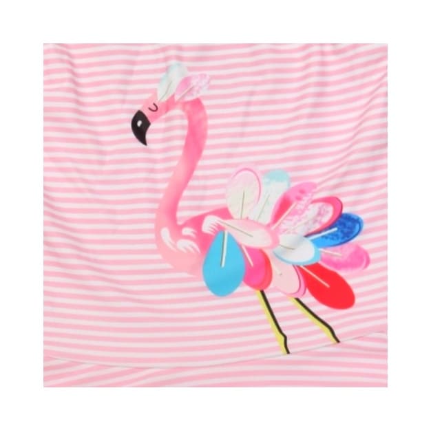 Close-up of Flamingo Graphic on Yellow Bee Girls' Pink Swimsuit