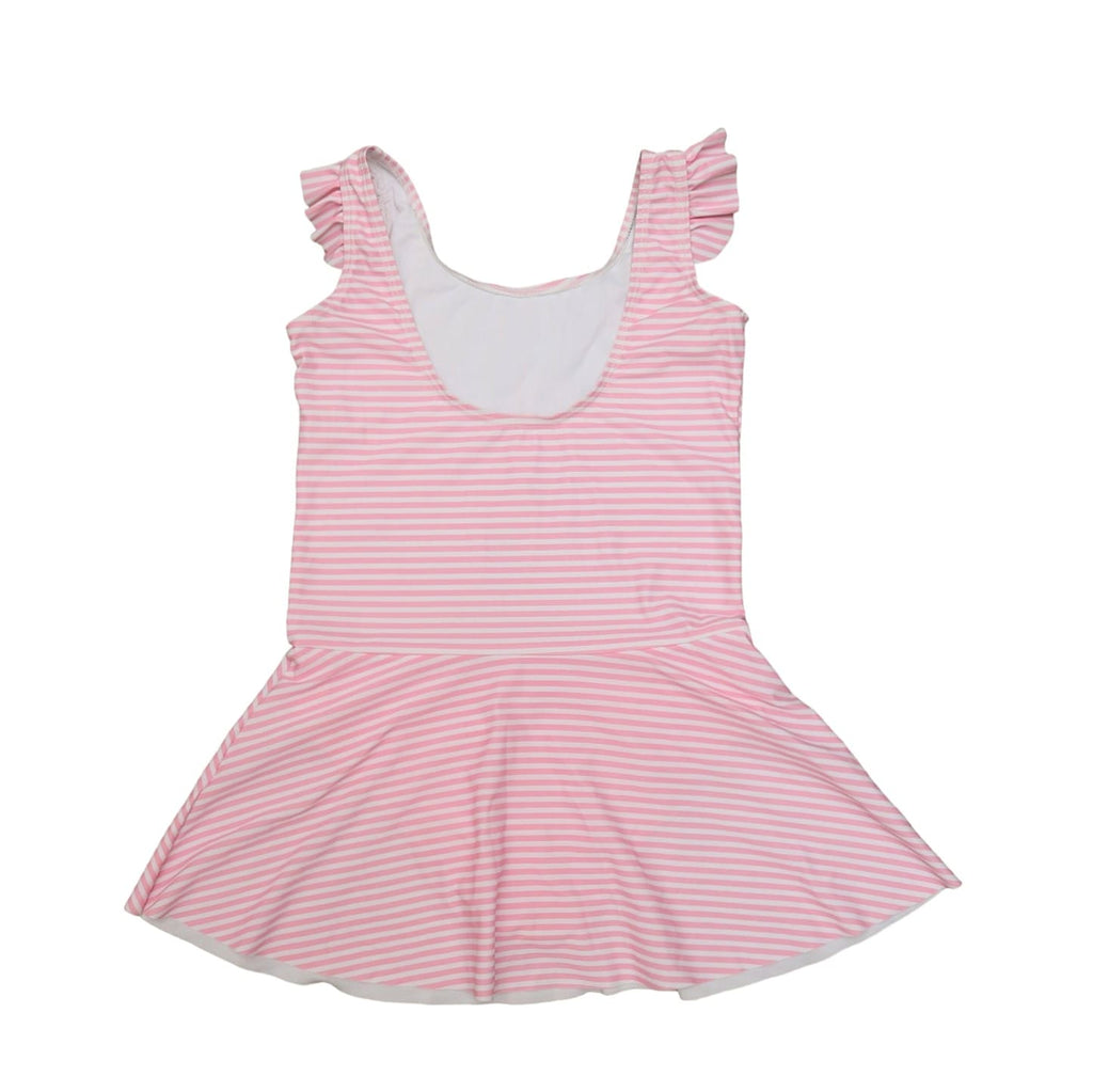 Yellow Bee Girls' Pink Striped Flamingo One-Piece Swimsuit on White Background