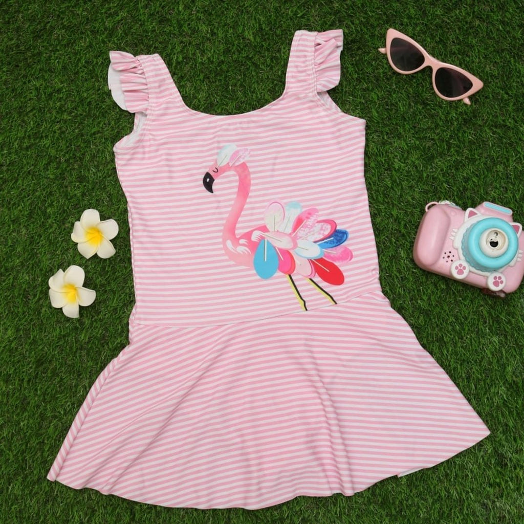 Girls' Pink Flamingo Swimsuit with Ruffle Sleeves by Yellow Bee Styled for Summer