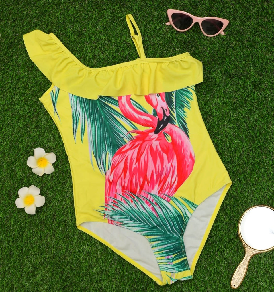 Girls' yellow one-piece swimsuit with pink flamingo print and ruffle sleeves by Yellow Bee