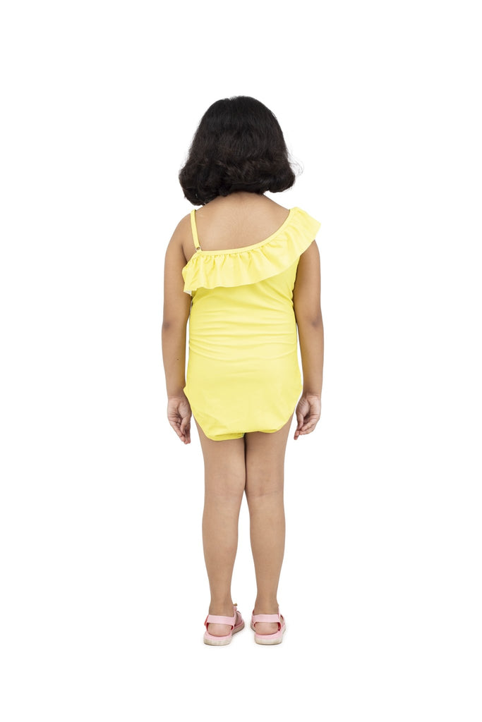 Back view of Yellow Bee's girls' swimsuit with ruffle sleeves in yellow