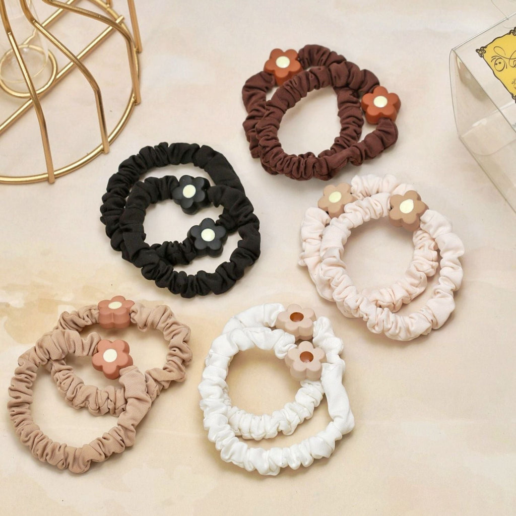 Classy Set of Black, Brown, and Beige Flower Scrunchies by Yellow Bee