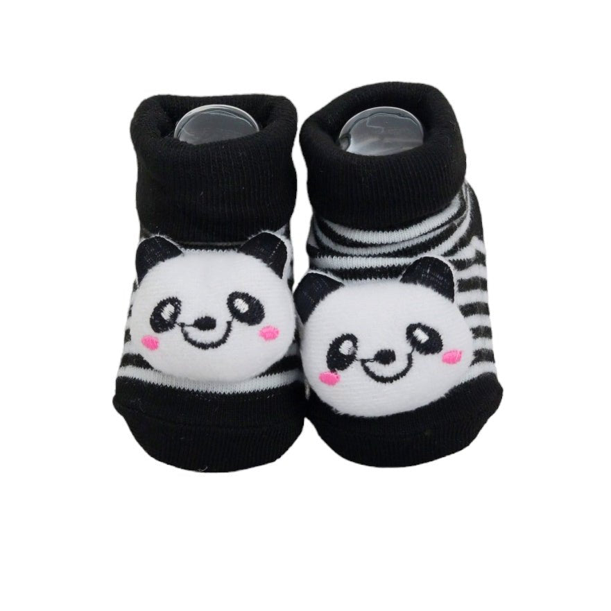 Black baby socks adorned with a cute panda face, shown from the top view.