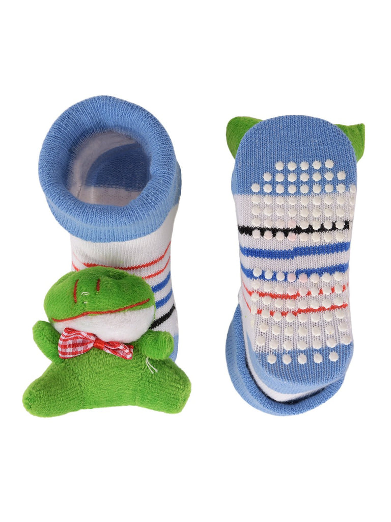 Front and bottom view of child's yellow bee embellished socks with flexible rubber outsole.