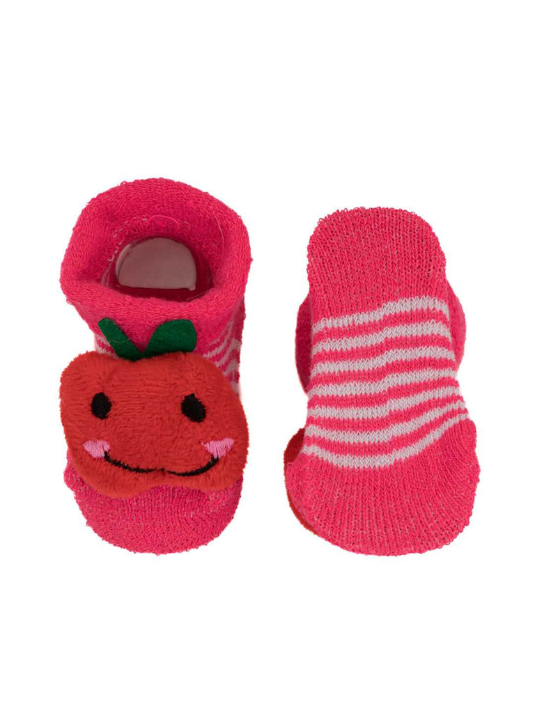 Close-up of Baby Socks with Apple Stuffed Toy Detail and Breathable Fabric