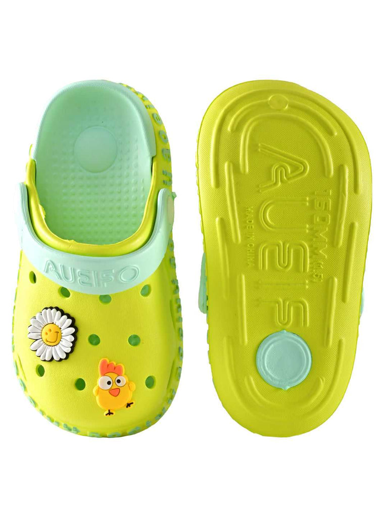 Bright Lime Green Kids' Clogs with Colorful Charms and Adjustable Heel Strap on Pastel Background-bk