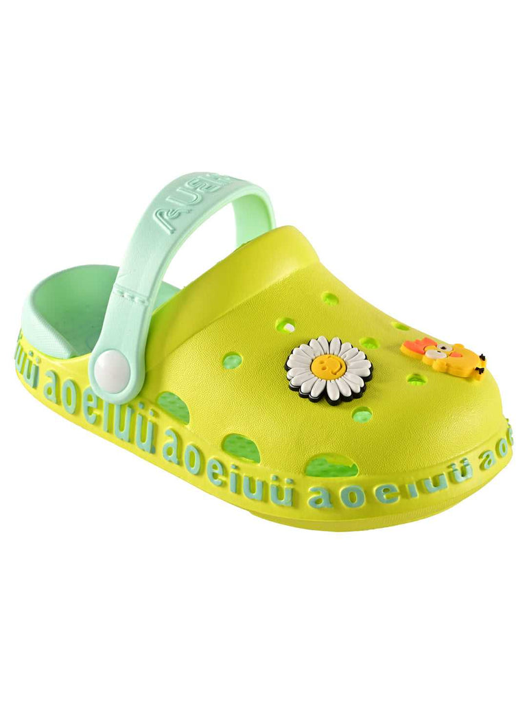 Bright Lime Green Kids' Clogs with Colorful Charms and Adjustable Heel Strap on Pastel Background-side1