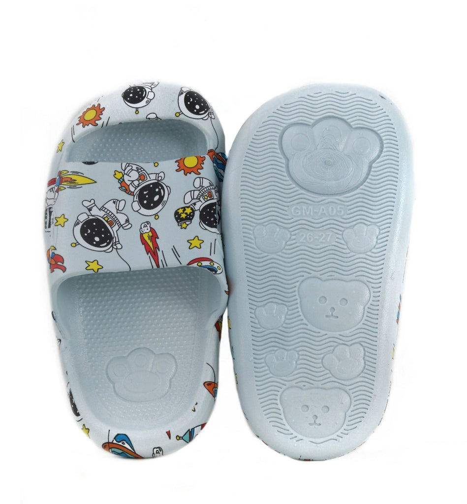 Sole of blue space-themed slides, emphasizing the anti-slip grip with a cute pattern