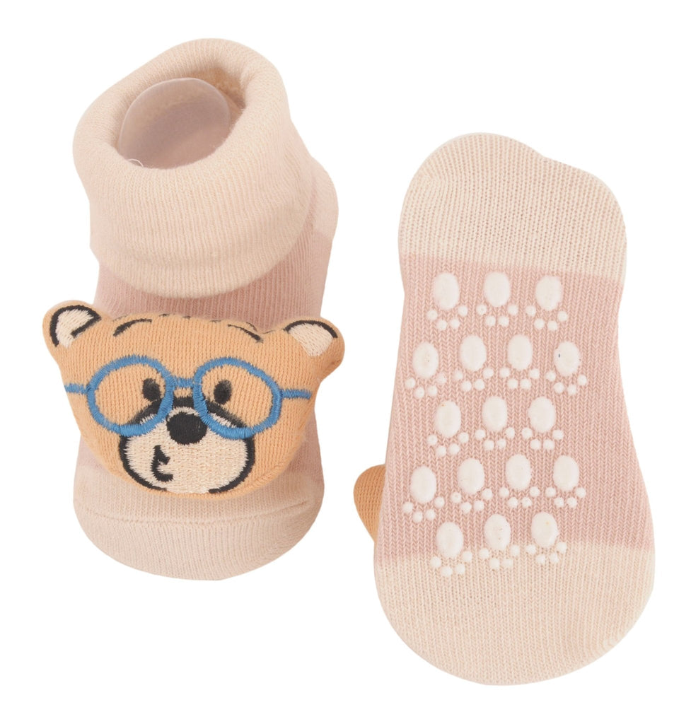 Beige teddy bear socks with non-slip soles for safe indoor play