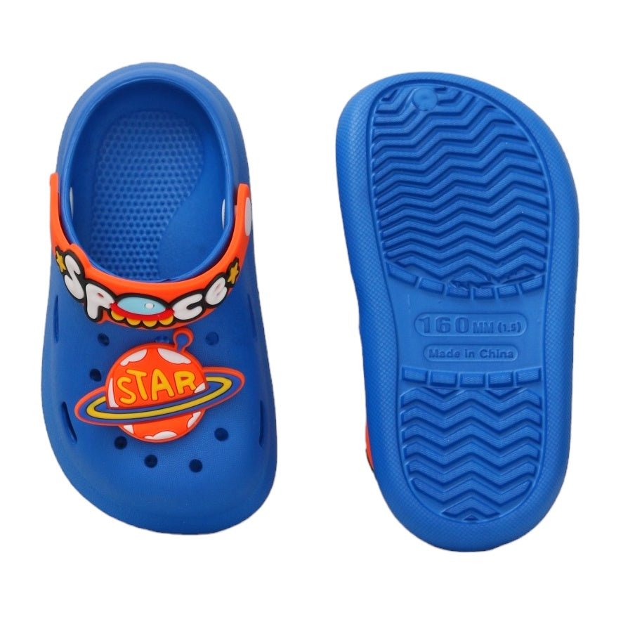 Top and bottom view of children's blue space explorer clogs with a textured sole for safe play.