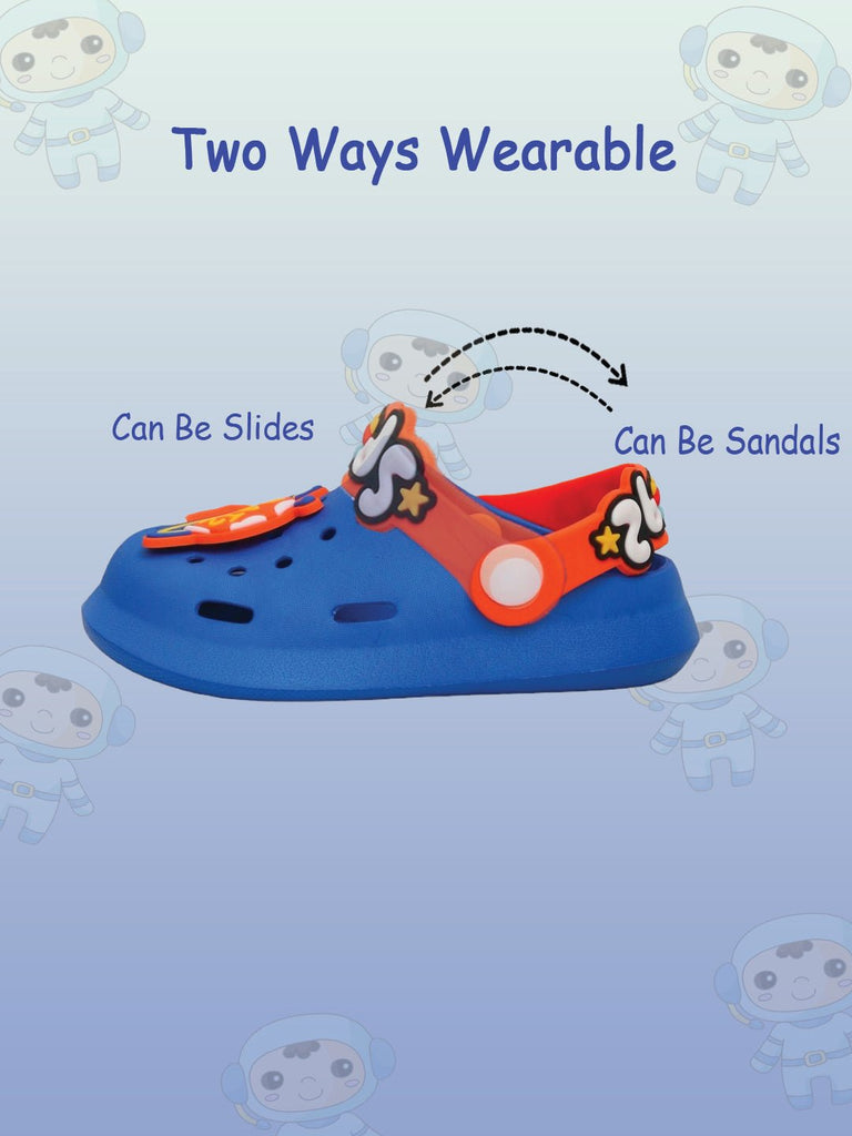 Flexible blue space explorer clogs for kids showcasing the convertible back strap for varied styles