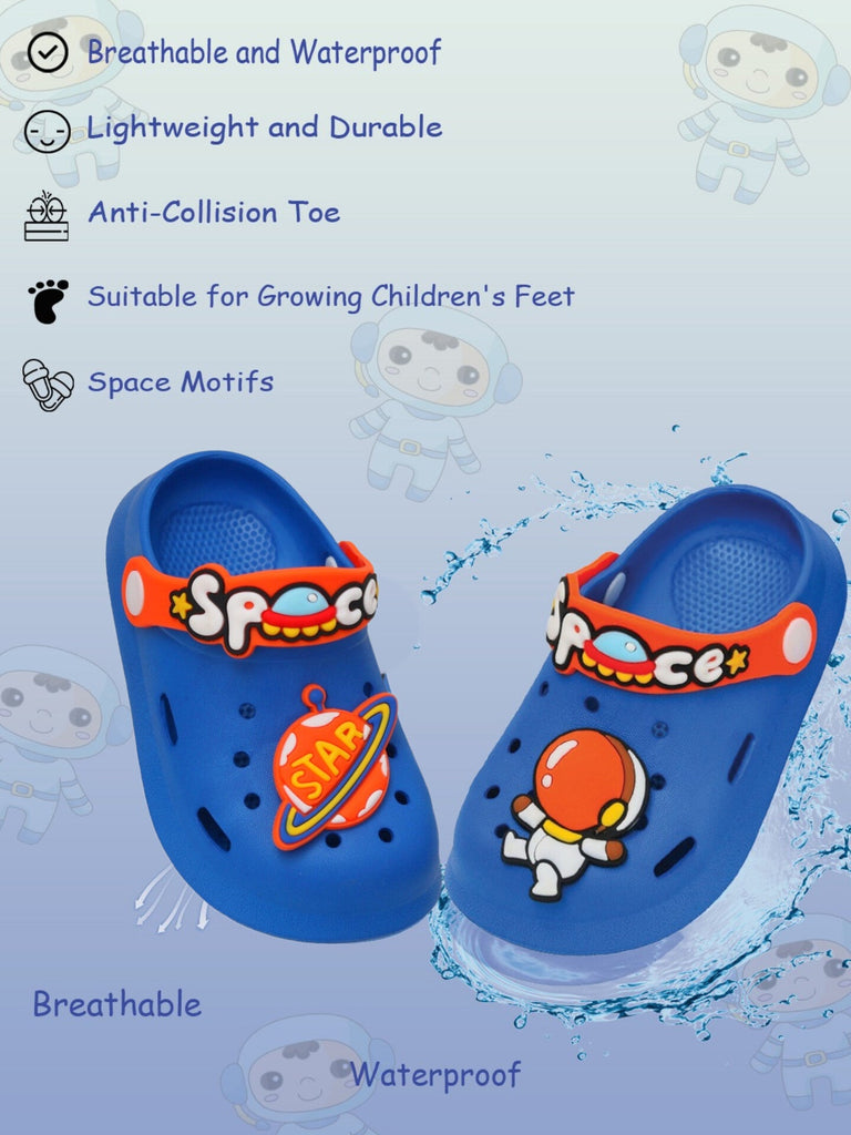 Kids' blue space clogs featuring astronaut and planetary designs with breathable material